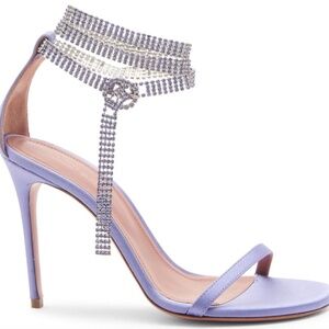 Amina Muaddi Giorgia Tanzanite Satin Crystal Ankle Wrap Sandals Pumps Heels